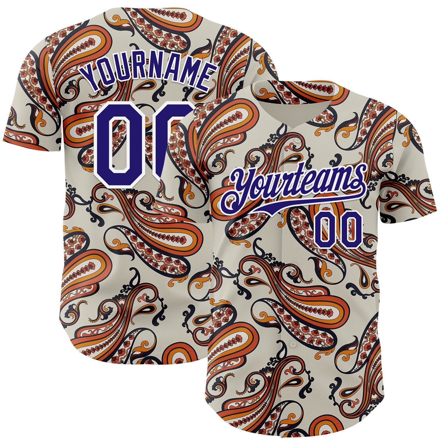 Custom White-Dark Purple Burning Man Paisley Bandana Rave Authentic Baseball Jersey - Main View