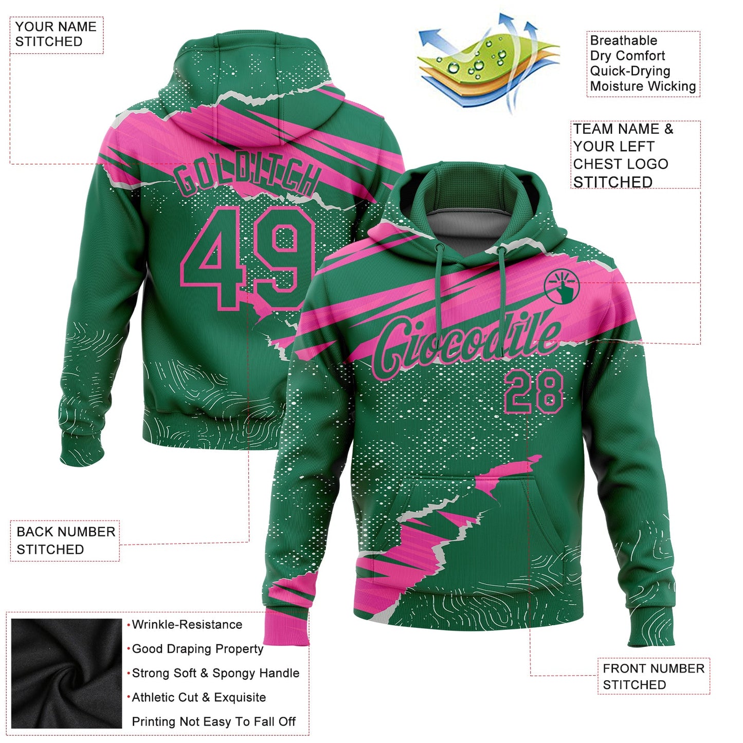 Custom Stitched Kelly Green Pink 3D Pattern Design Torn Paper Style Sports Pullover Sweatshirt Hoodie view 2