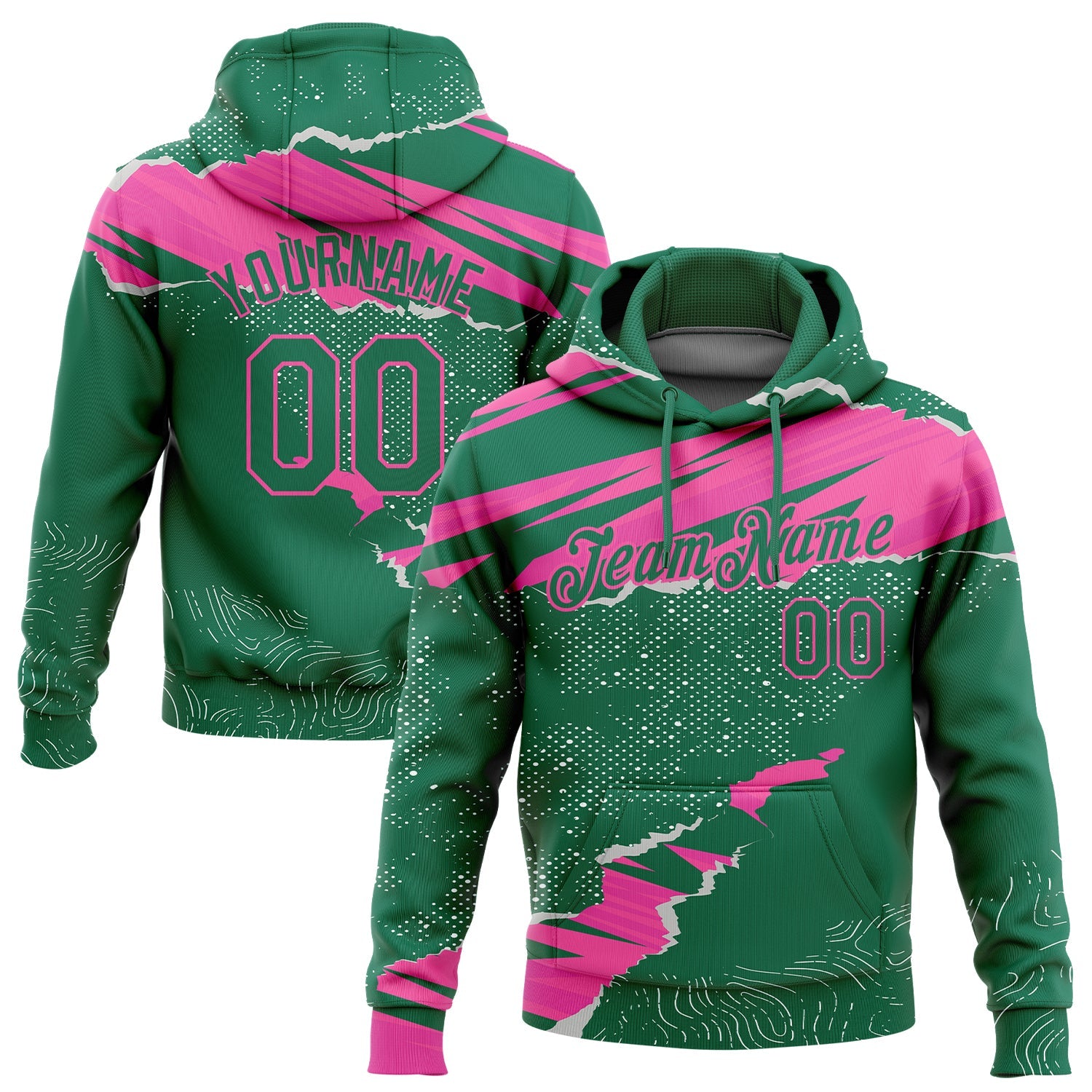 Custom Stitched Kelly Green Pink 3D Pattern Design Torn Paper Style Sports Pullover Sweatshirt Hoodie - Main View
