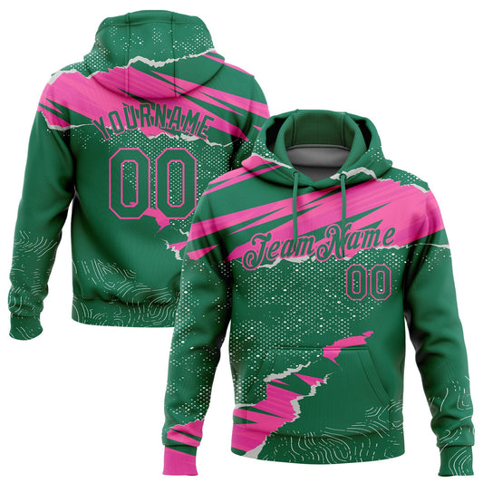 Custom Stitched Kelly Green Pink 3D Pattern Design Torn Paper Style Sports Pullover Sweatshirt Hoodie - Main View