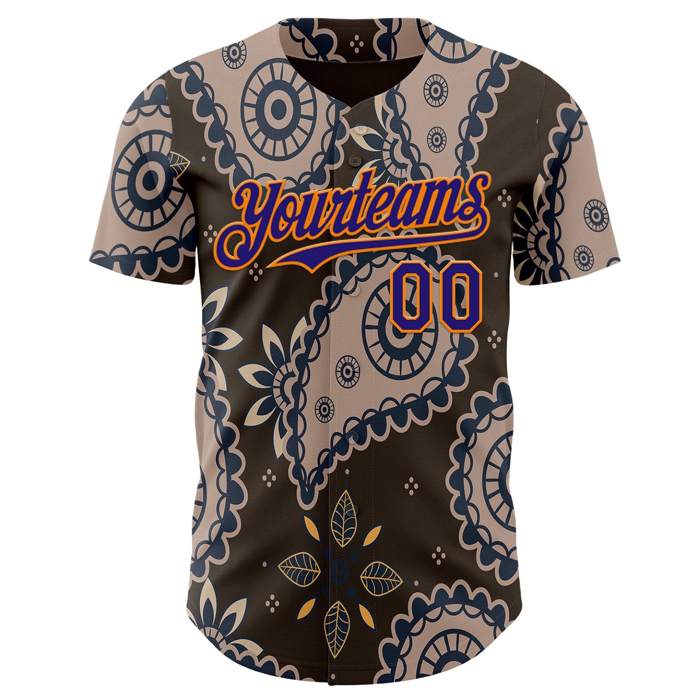 Custom Brown Dark Purple-Bay Orange Burning Man Paisley Bandana Rave Authentic Baseball Jersey view 2