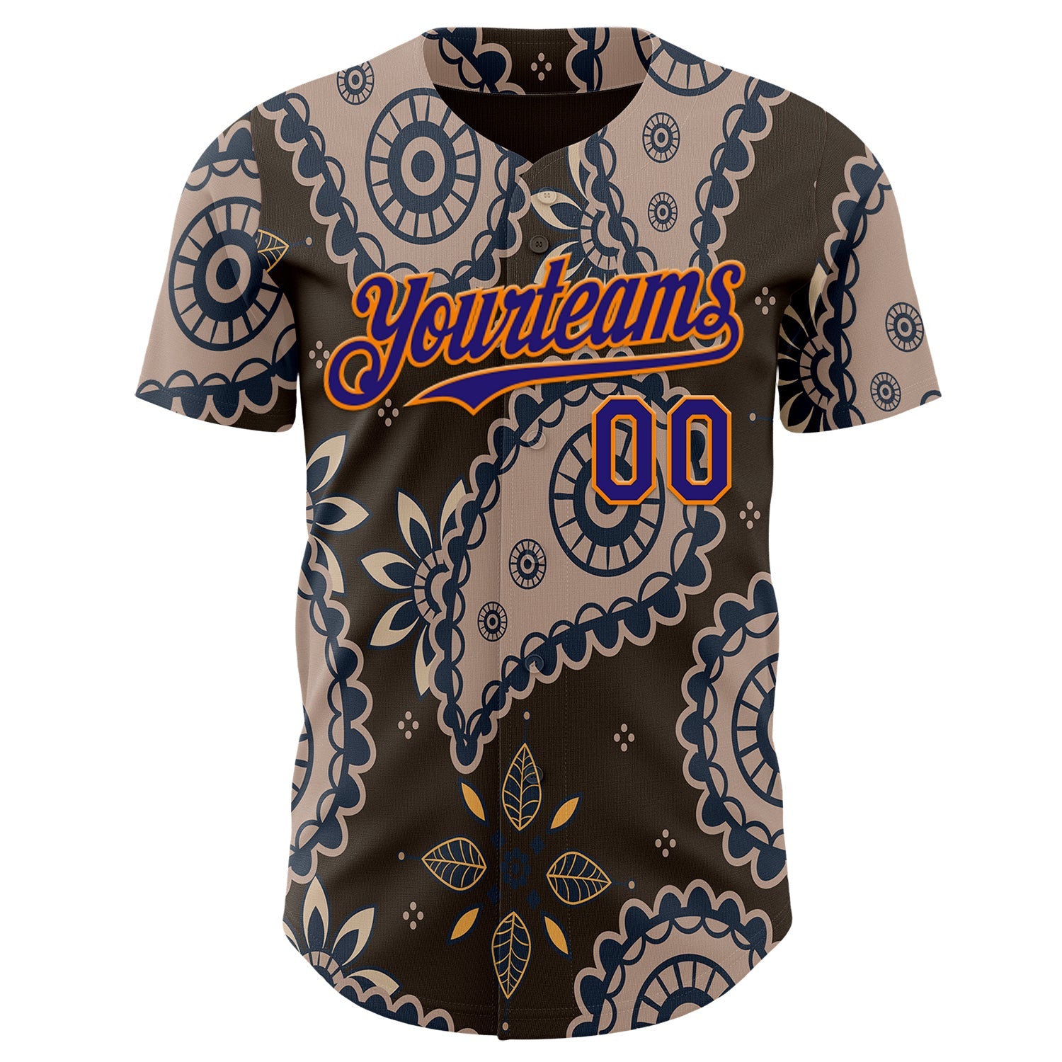 Custom Brown Dark Purple-Bay Orange Burning Man Paisley Bandana Rave Authentic Baseball Jersey view 2