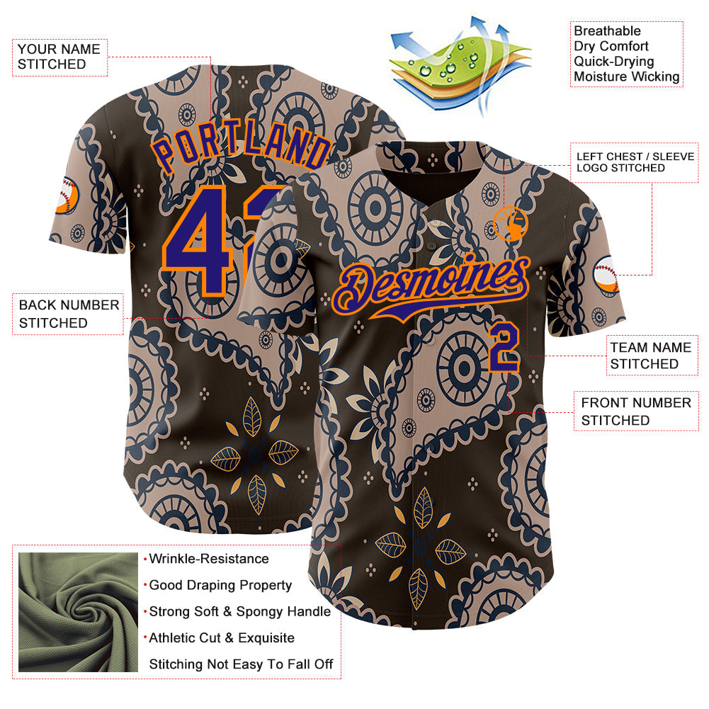 Custom Brown Dark Purple-Bay Orange Burning Man Paisley Bandana Rave Authentic Baseball Jersey view 3