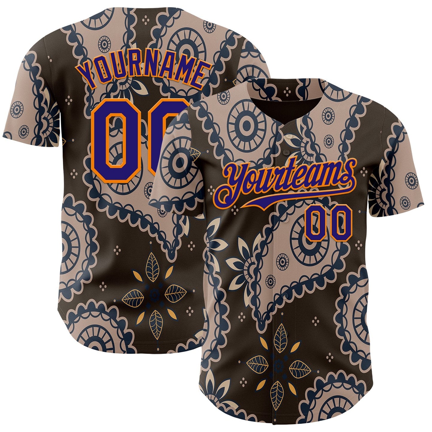 Custom Brown Dark Purple-Bay Orange Burning Man Paisley Bandana Rave Authentic Baseball Jersey - Main View
