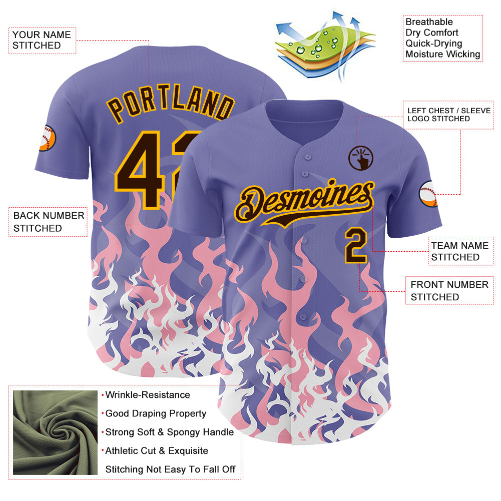 Custom Purple Brown Pink-Gold Burning Man Fire Desert Authentic Baseball Jersey view 3