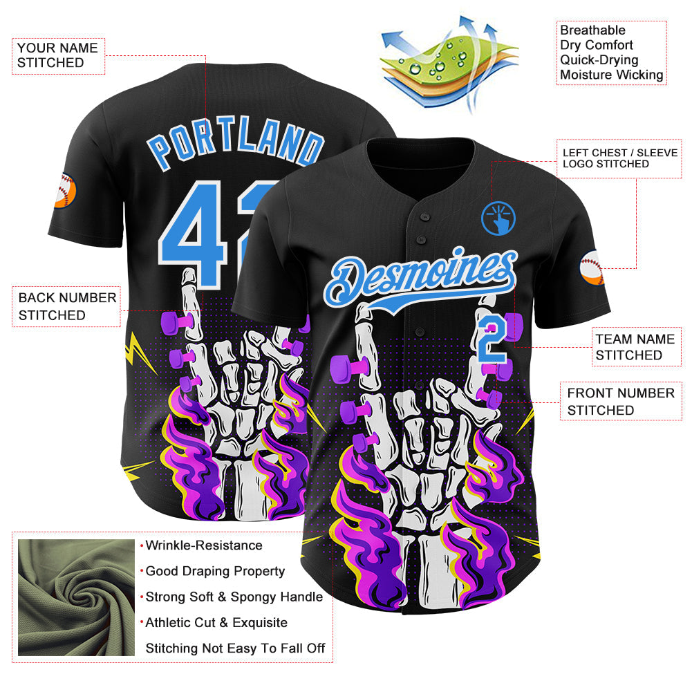 Custom Black Electric Blue-White Psychedelic Music Festival Rave Authentic Baseball Jersey view 3