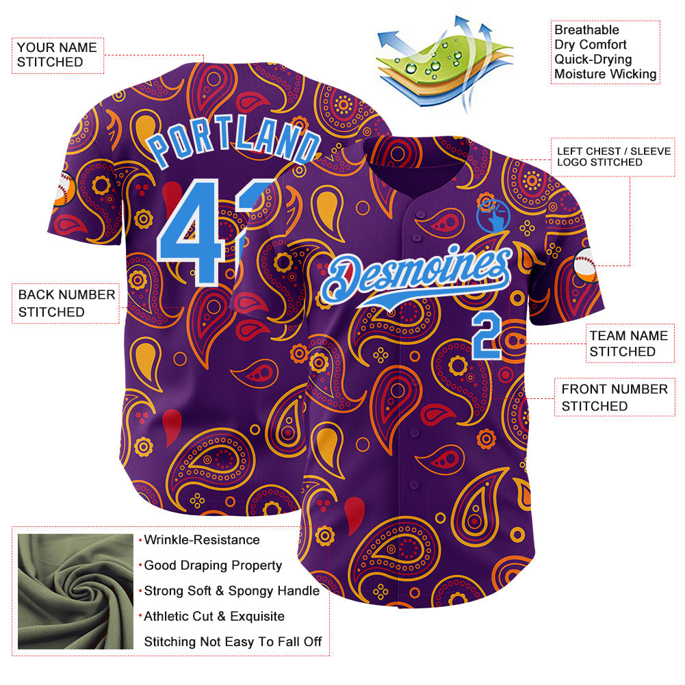 Custom Purple Electric Blue-White Burning Man Paisley Bandana Rave Authentic Baseball Jersey view 3