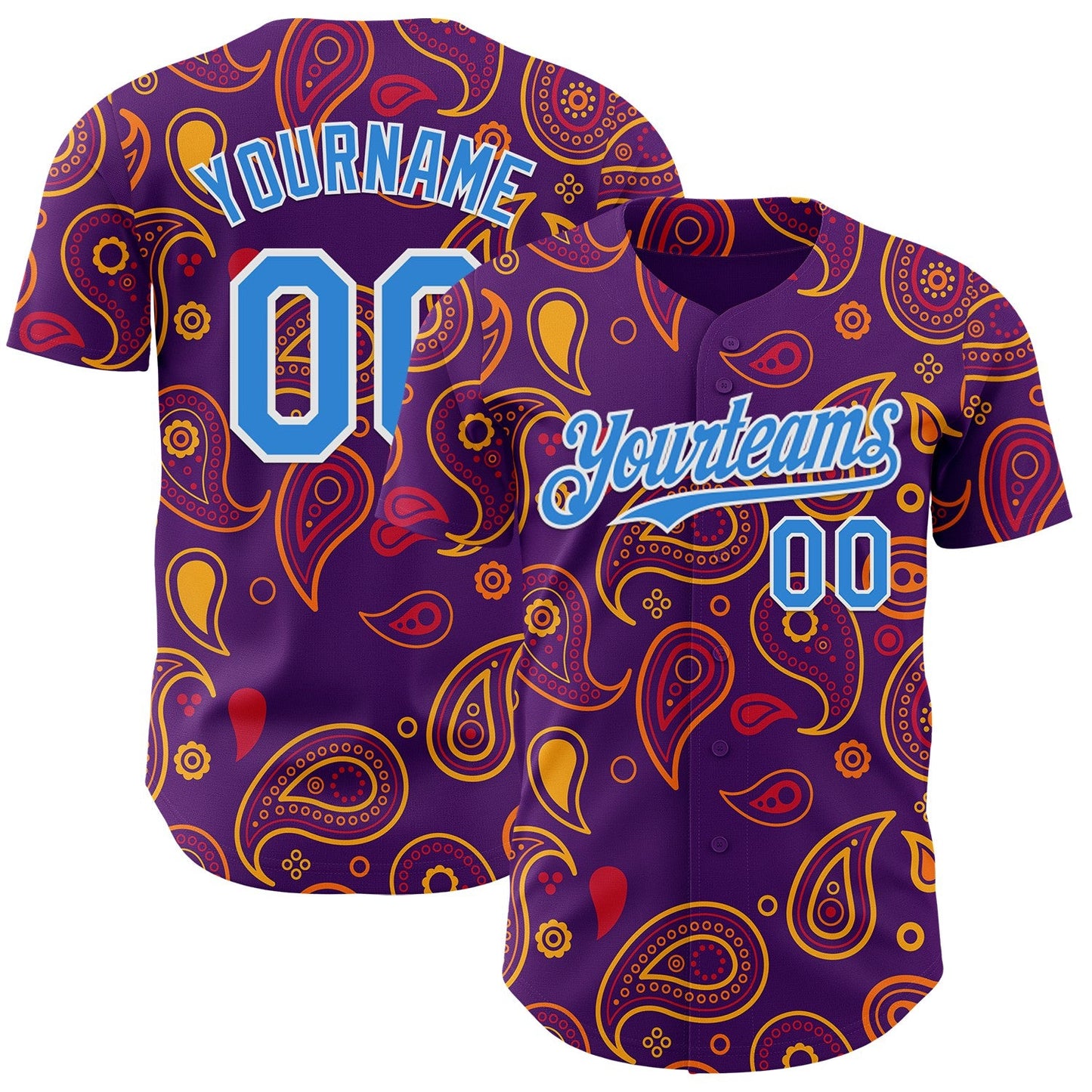 Custom Purple Electric Blue-White Burning Man Paisley Bandana Rave Authentic Baseball Jersey - Main View