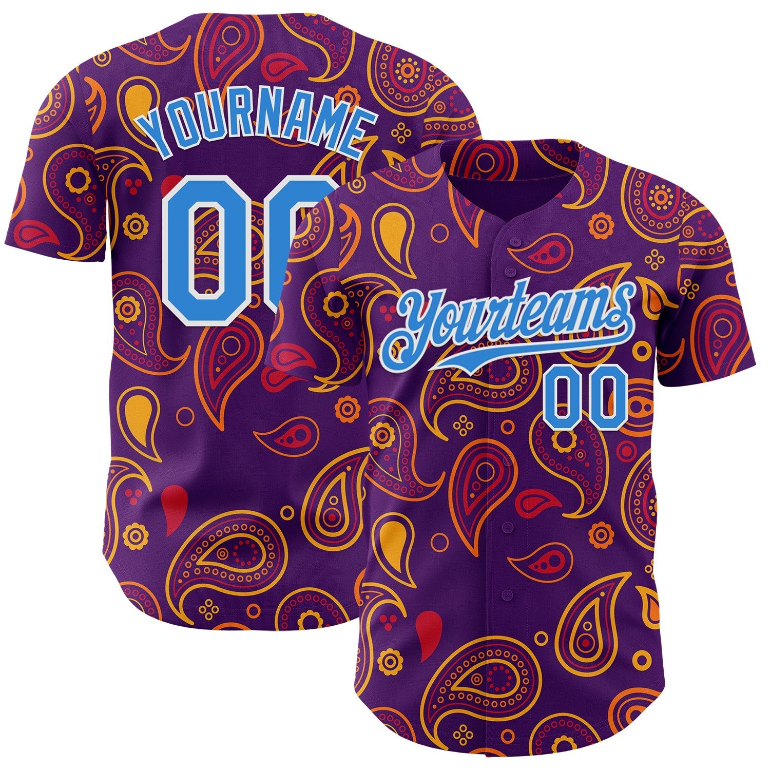 Custom Purple Electric Blue-White Burning Man Paisley Bandana Rave Authentic Baseball Jersey - Main View