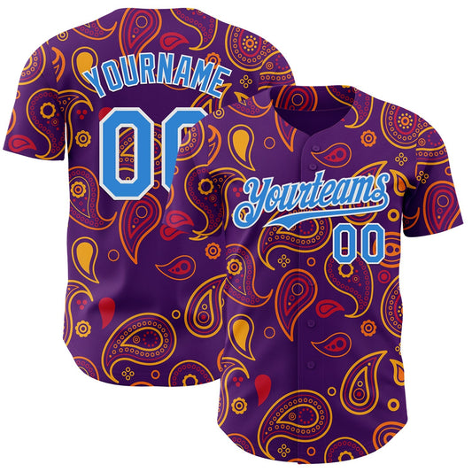 Custom Purple Electric Blue-White Burning Man Paisley Bandana Rave Authentic Baseball Jersey - Main View