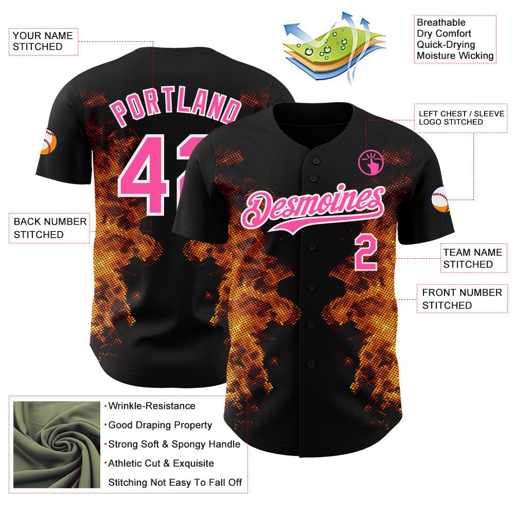 Custom Black Pink Yellow-White Burning Man Fire Authentic Baseball Jersey view 3