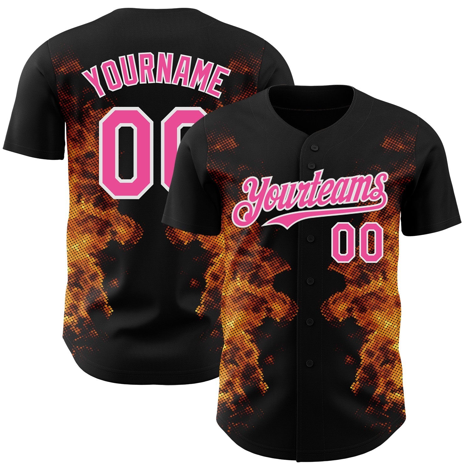 Custom Black Pink Yellow-White Burning Man Fire Authentic Baseball Jersey - Main View