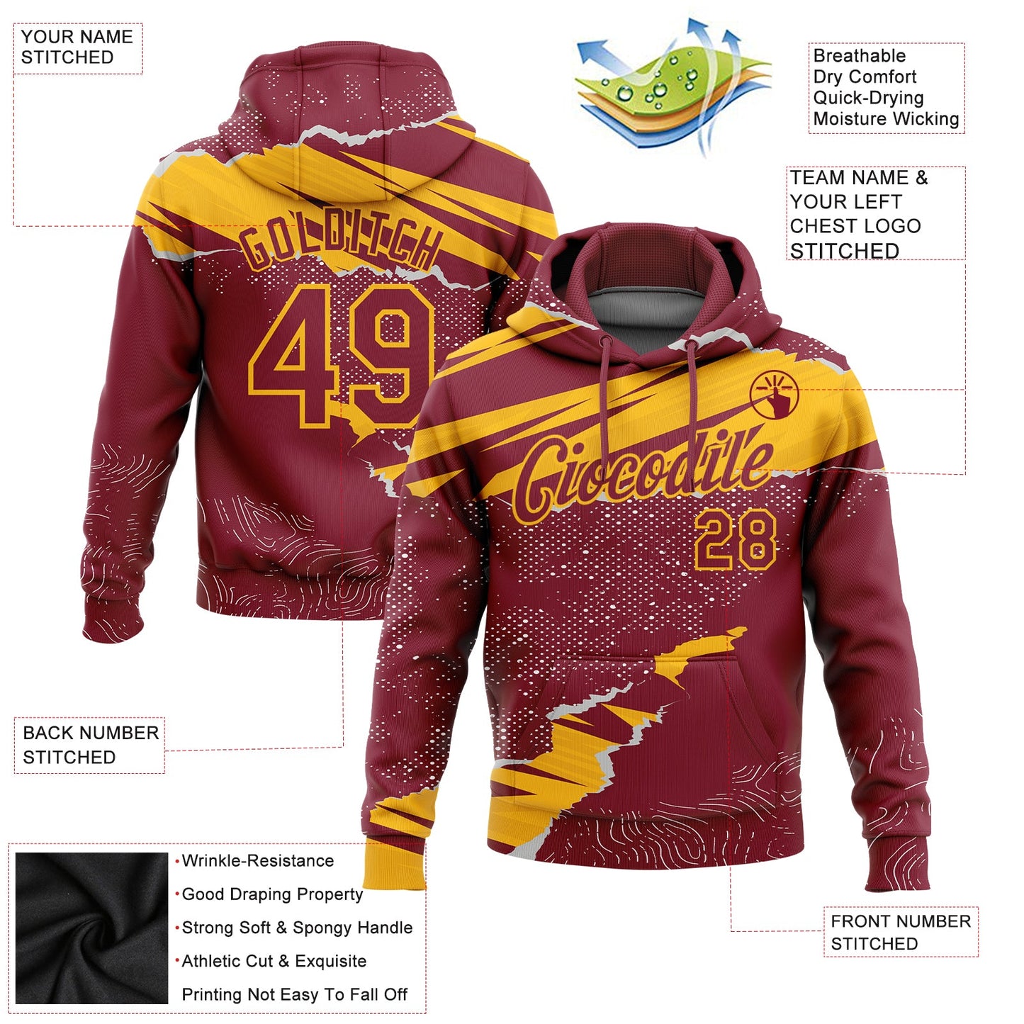 Custom Stitched Crimson Gold 3D Pattern Design Torn Paper Style Sports Pullover Sweatshirt Hoodie view 2