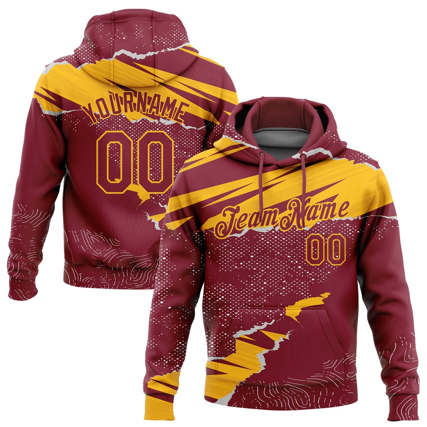 Custom Stitched Crimson Gold 3D Pattern Design Torn Paper Style Sports Pullover Sweatshirt Hoodie - Main View
