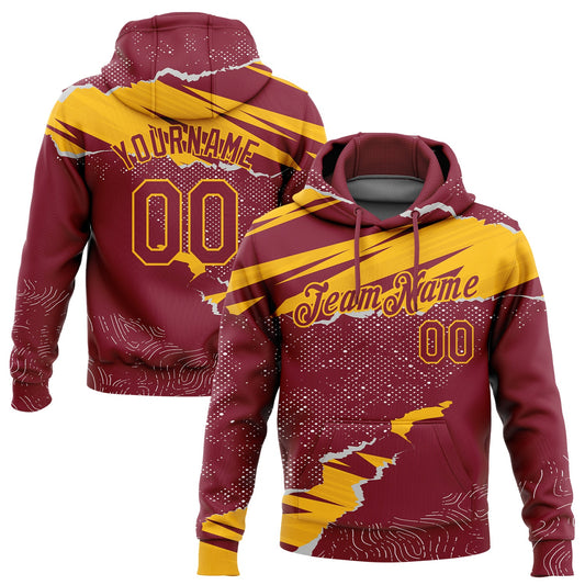 Custom Stitched Crimson Gold 3D Pattern Design Torn Paper Style Sports Pullover Sweatshirt Hoodie - Main View