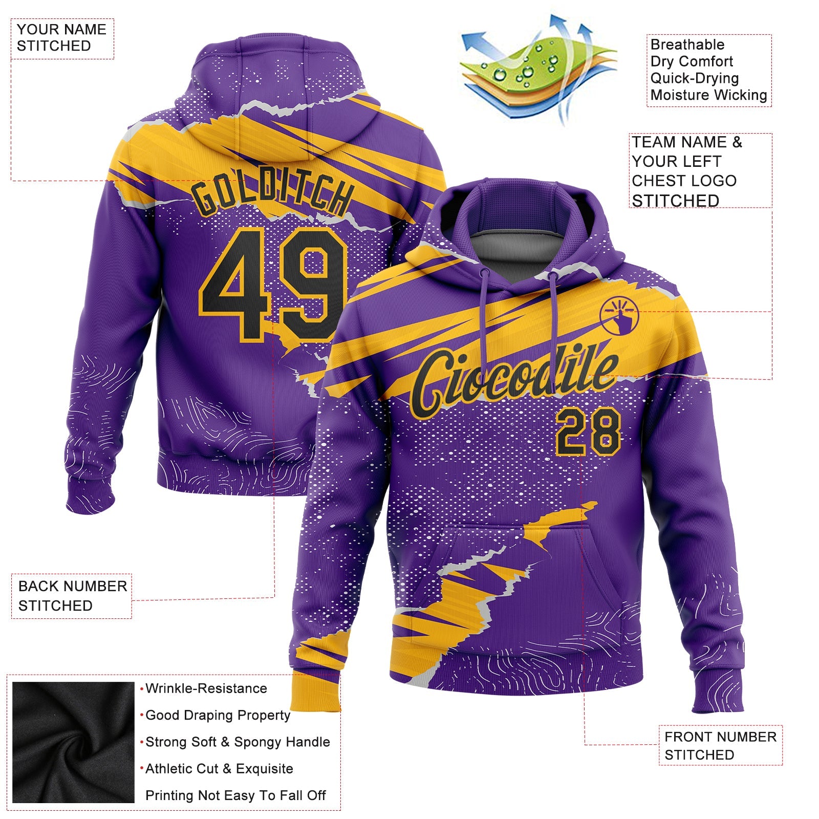 Custom Stitched Purple Black-Gold 3D Pattern Design Torn Paper Style Sports Pullover Sweatshirt Hoodie view 2