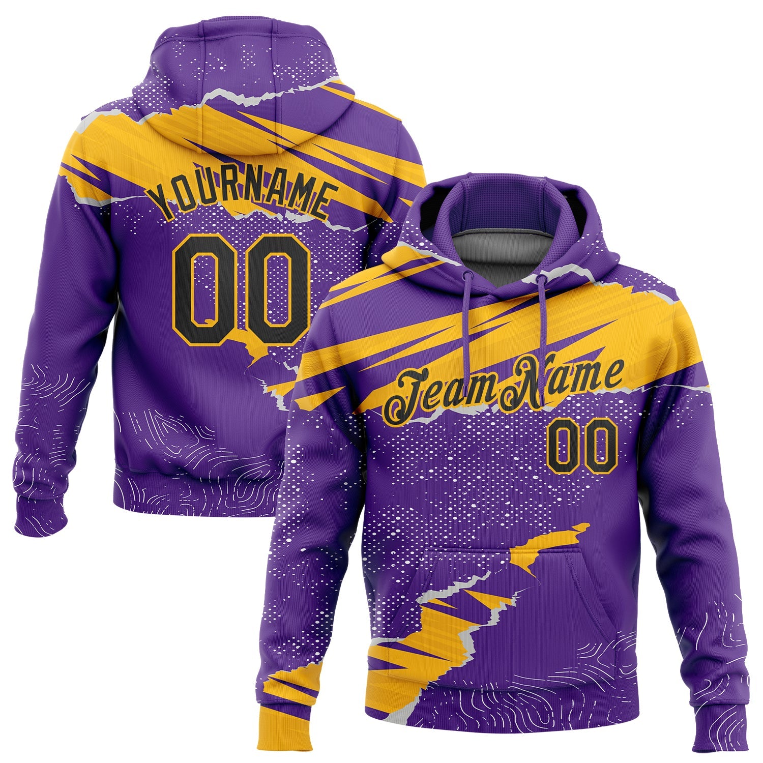 Custom Stitched Purple Black-Gold 3D Pattern Design Torn Paper Style Sports Pullover Sweatshirt Hoodie - Main View