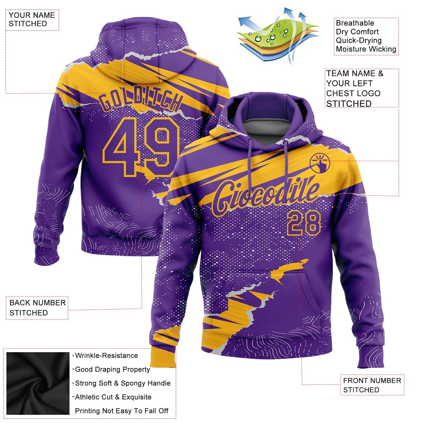 Custom Stitched Purple Gold 3D Pattern Design Torn Paper Style Sports Pullover Sweatshirt Hoodie view 2