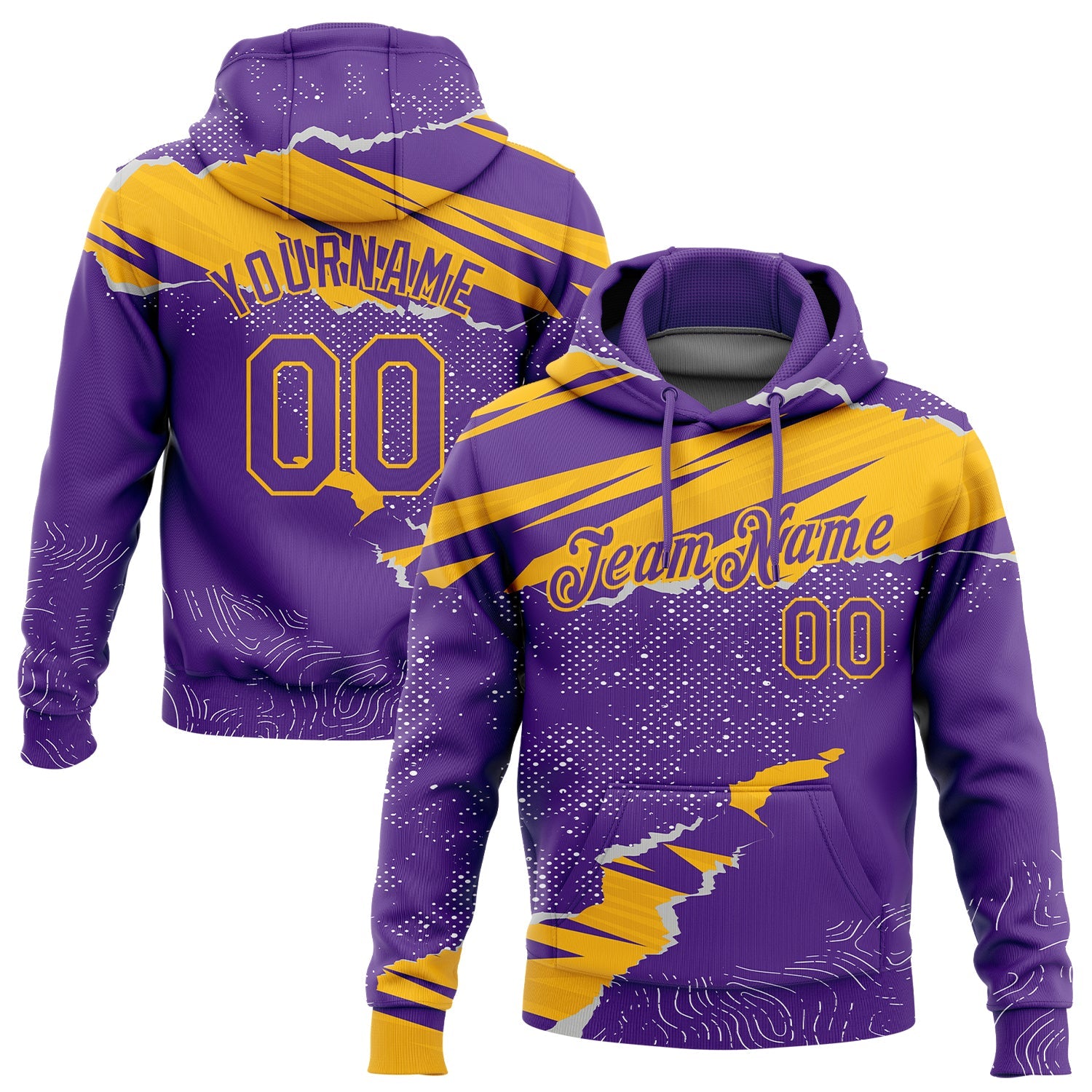 Custom Stitched Purple Gold 3D Pattern Design Torn Paper Style Sports Pullover Sweatshirt Hoodie - Main View