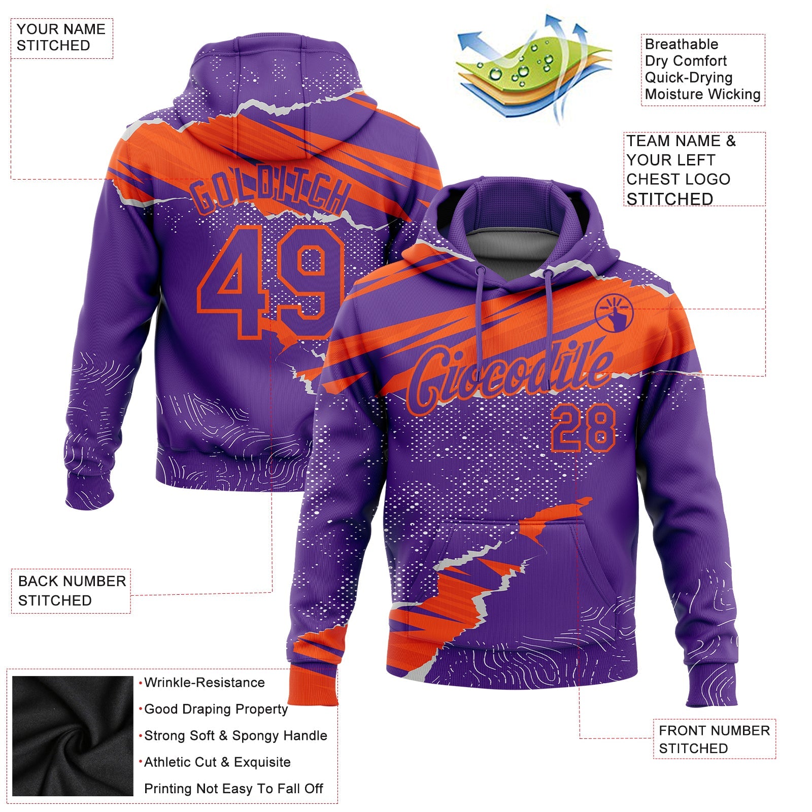 Custom Stitched Purple Orange 3D Pattern Design Torn Paper Style Sports Pullover Sweatshirt Hoodie view 2