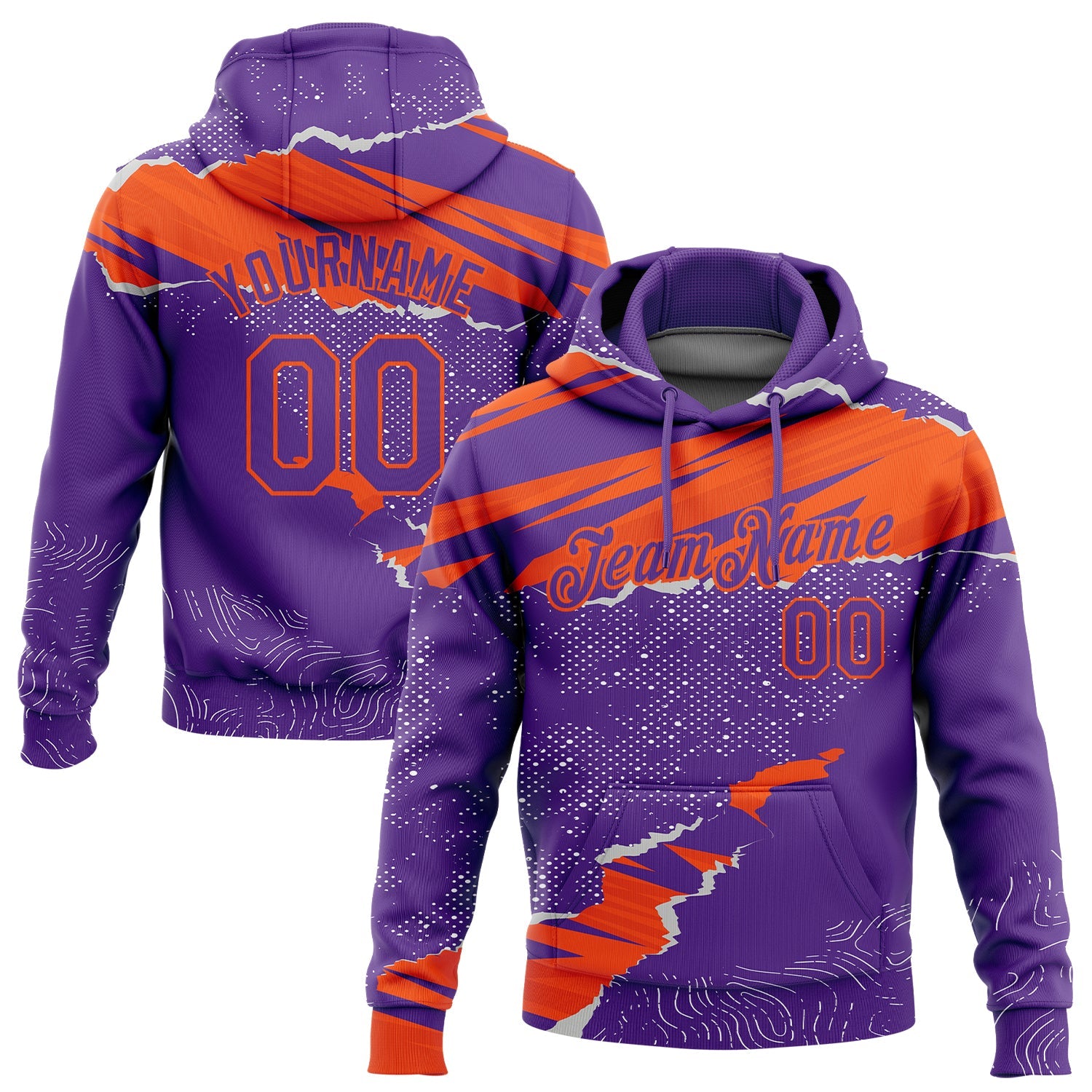 Custom Stitched Purple Orange 3D Pattern Design Torn Paper Style Sports Pullover Sweatshirt Hoodie - Main View