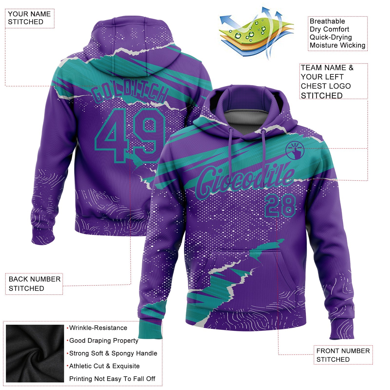 Custom Stitched Purple Teal 3D Pattern Design Torn Paper Style Sports Pullover Sweatshirt Hoodie view 2