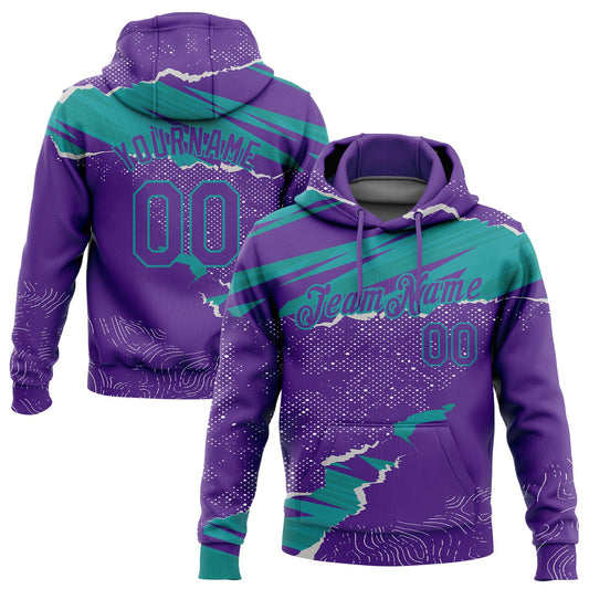 Custom Stitched Purple Teal 3D Pattern Design Torn Paper Style Sports Pullover Sweatshirt Hoodie - Main View