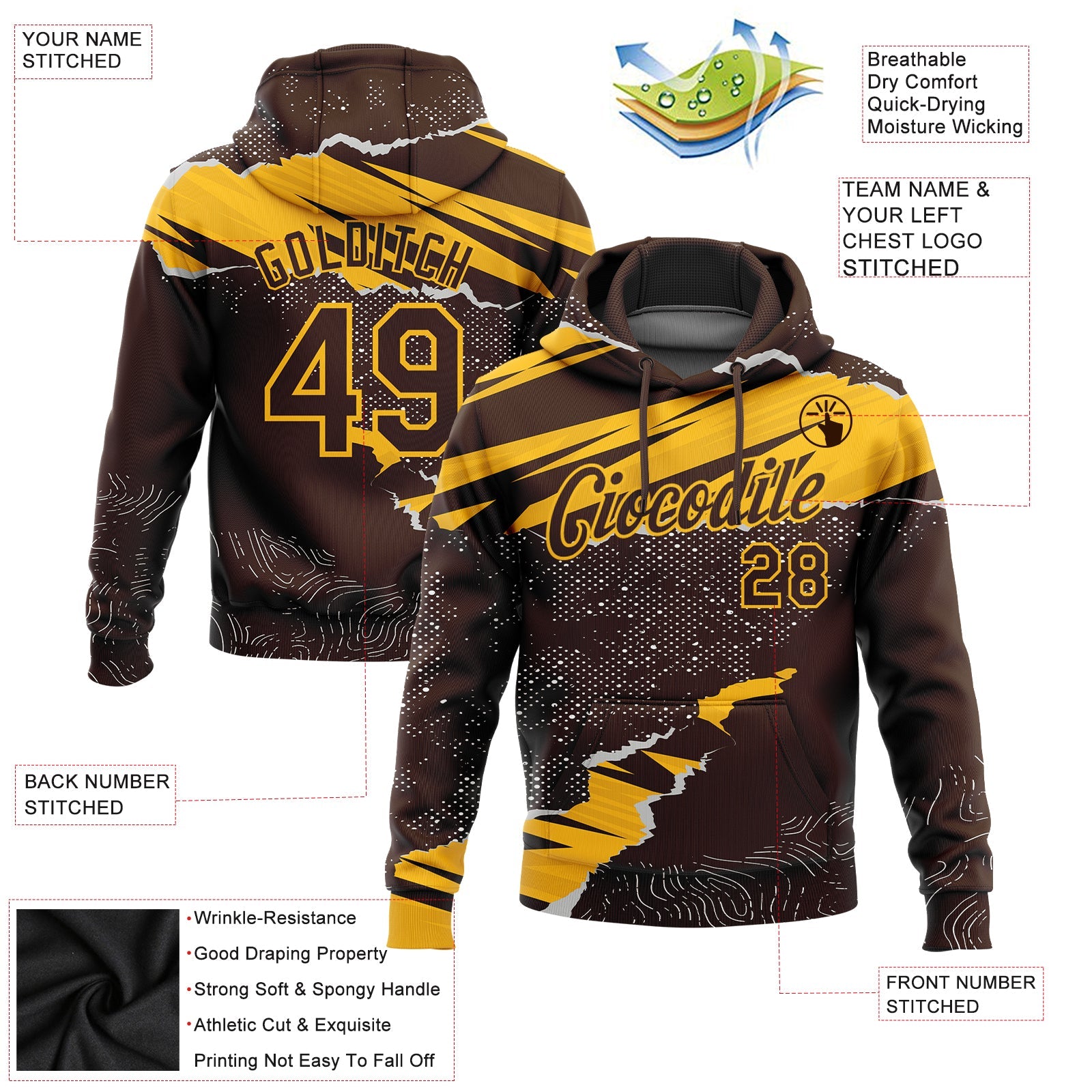 Custom Stitched Brown Gold 3D Pattern Design Torn Paper Style Sports Pullover Sweatshirt Hoodie view 2