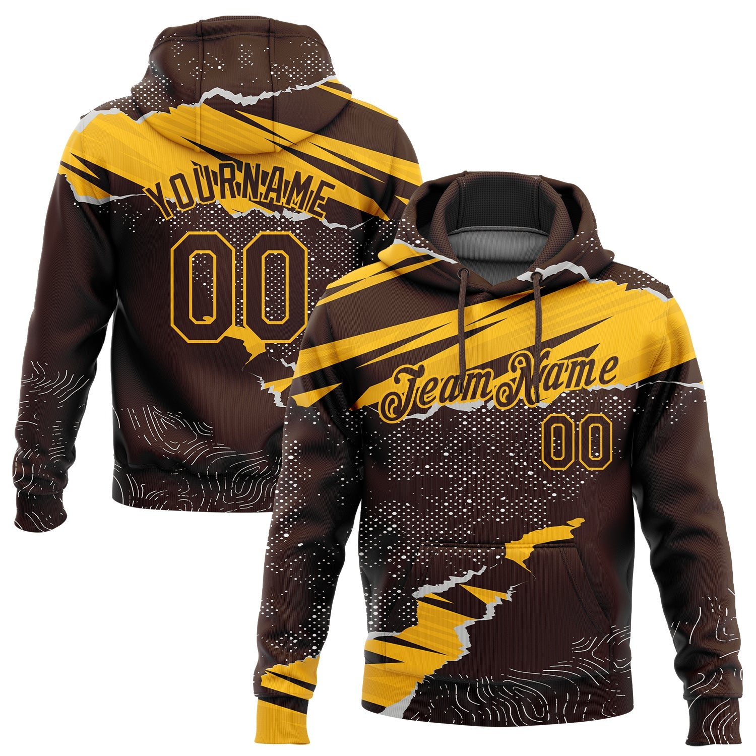 Custom Stitched Brown Gold 3D Pattern Design Torn Paper Style Sports Pullover Sweatshirt Hoodie - Main View