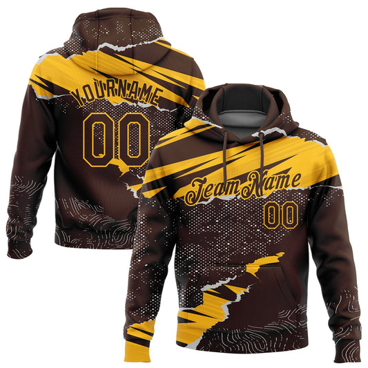 Custom Stitched Brown Gold 3D Pattern Design Torn Paper Style Sports Pullover Sweatshirt Hoodie - Main View