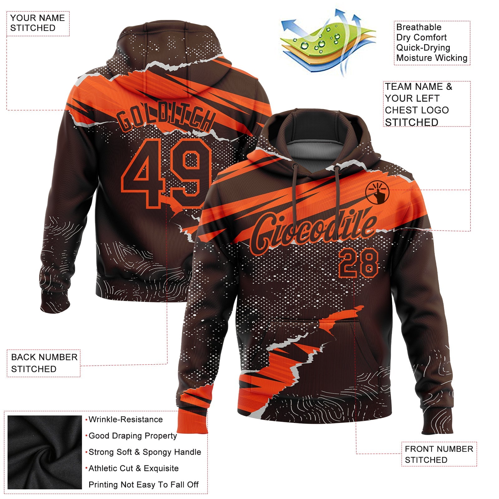 Custom Stitched Brown Orange 3D Pattern Design Torn Paper Style Sports Pullover Sweatshirt Hoodie view 3