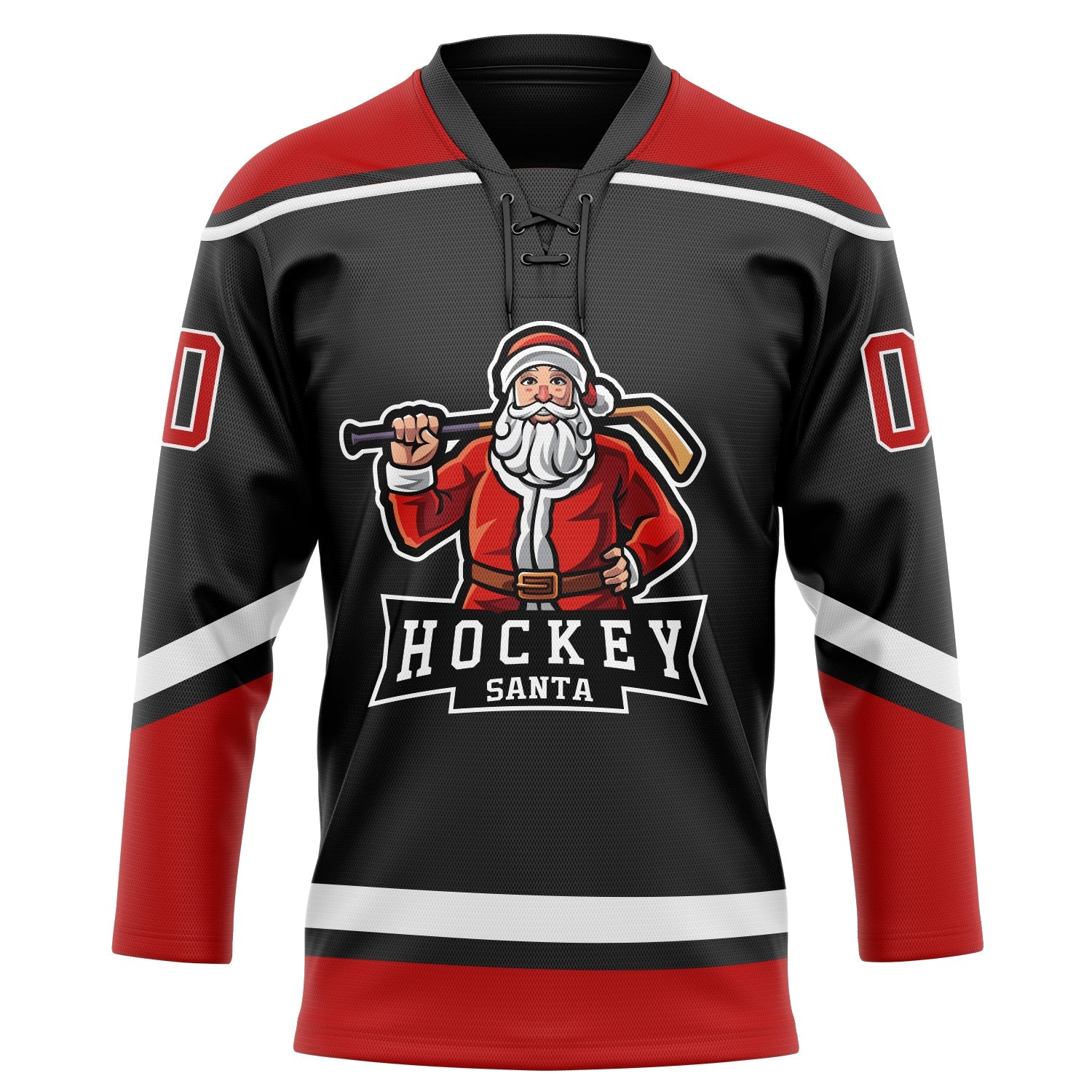 Custom Black Red-White Christmas Santa Claus 3D Hockey Lace Neck Jersey view 3
