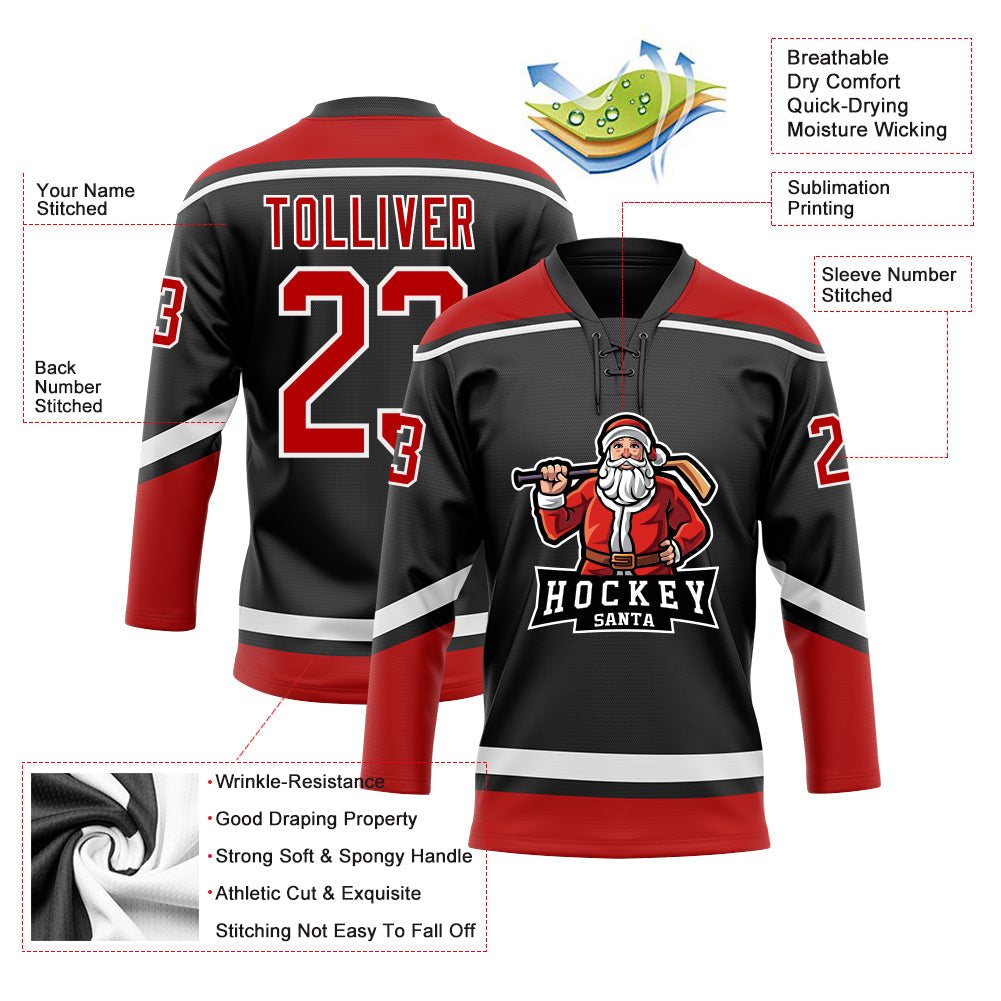 Custom Black Red-White Christmas Santa Claus 3D Hockey Lace Neck Jersey view 4