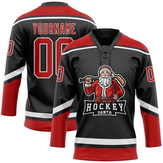 Custom Black Red-White Christmas Santa Claus 3D Hockey Lace Neck Jersey - Main View