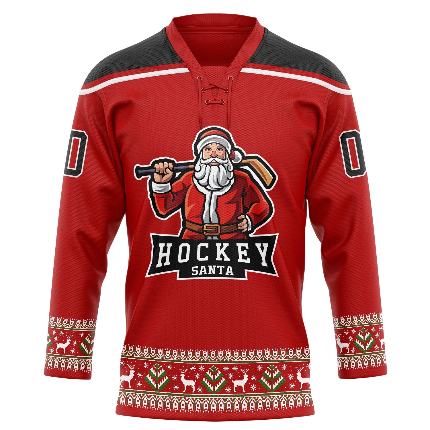 Custom Red Black-White Christmas Santa Claus 3D Hockey Lace Neck Jersey view 2