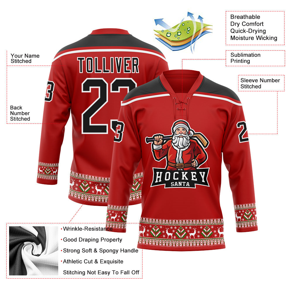 Custom Red Black-White Christmas Santa Claus 3D Hockey Lace Neck Jersey view 3