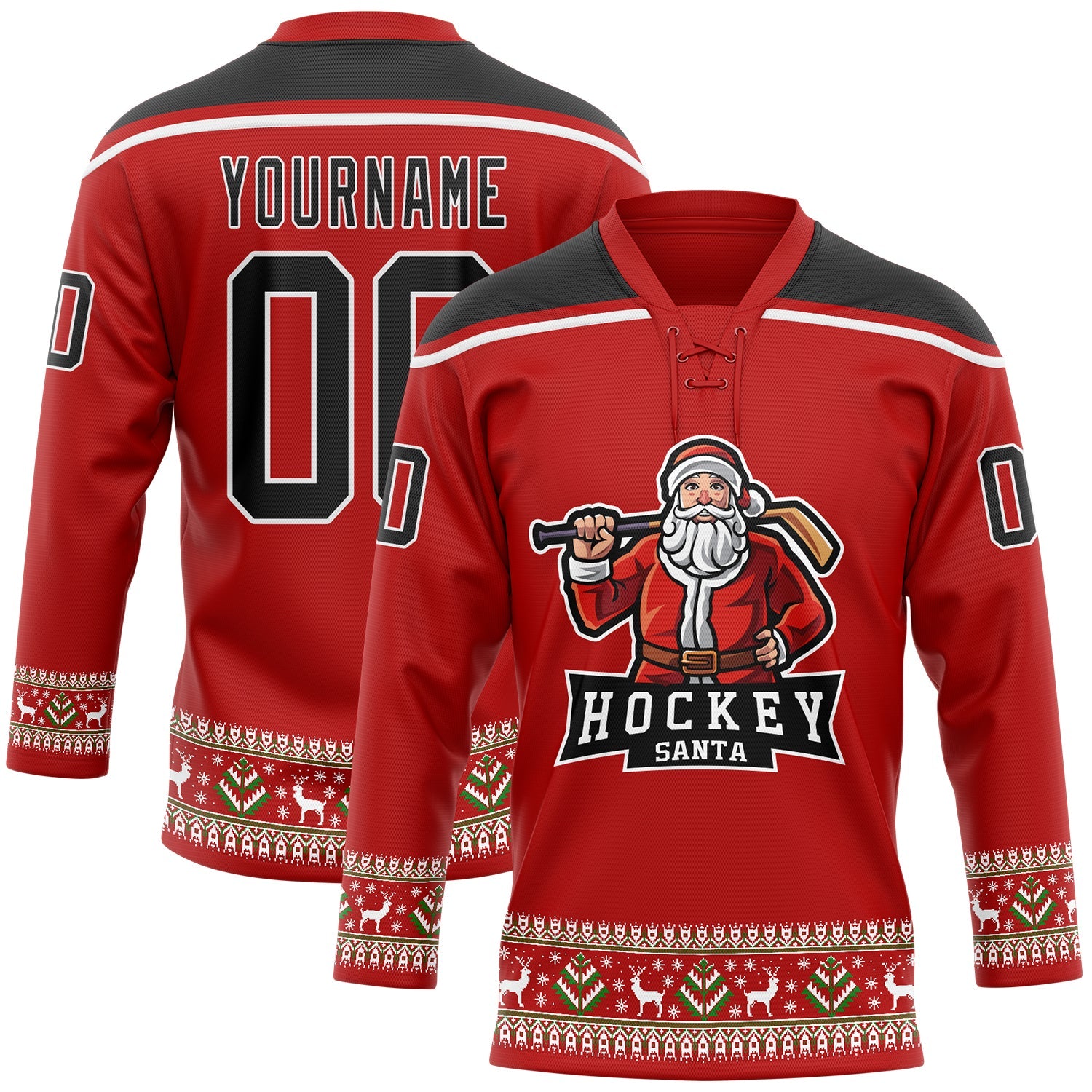 Custom Red Black-White Christmas Santa Claus 3D Hockey Lace Neck Jersey - Main View