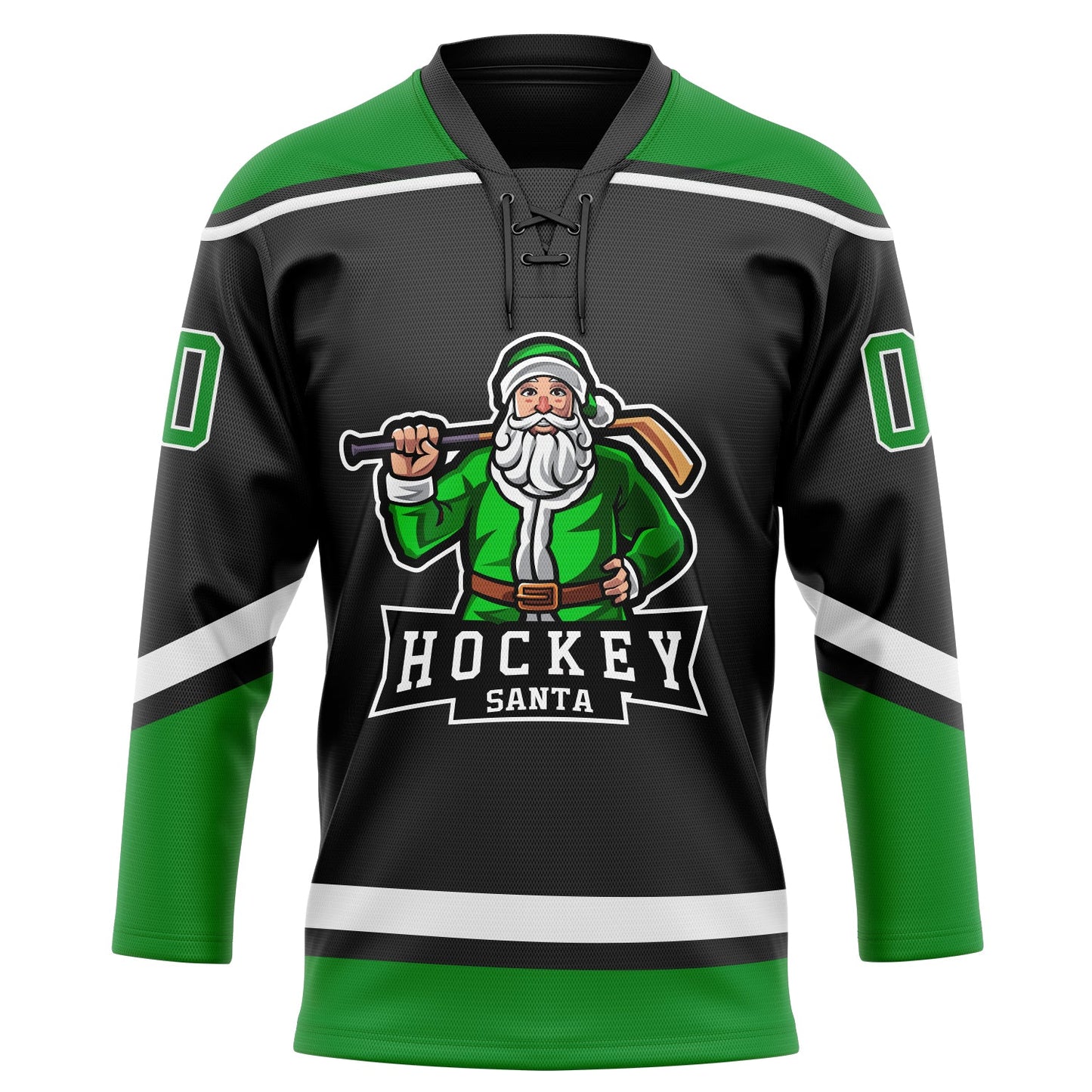 Custom Black Grass Green-White Christmas Santa Claus 3D Hockey Lace Neck Jersey view 2
