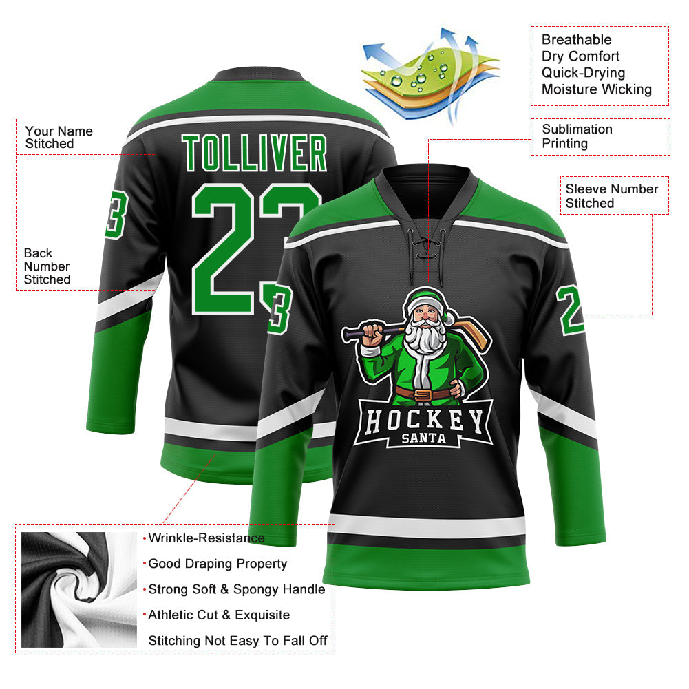 Custom Black Grass Green-White Christmas Santa Claus 3D Hockey Lace Neck Jersey view 3