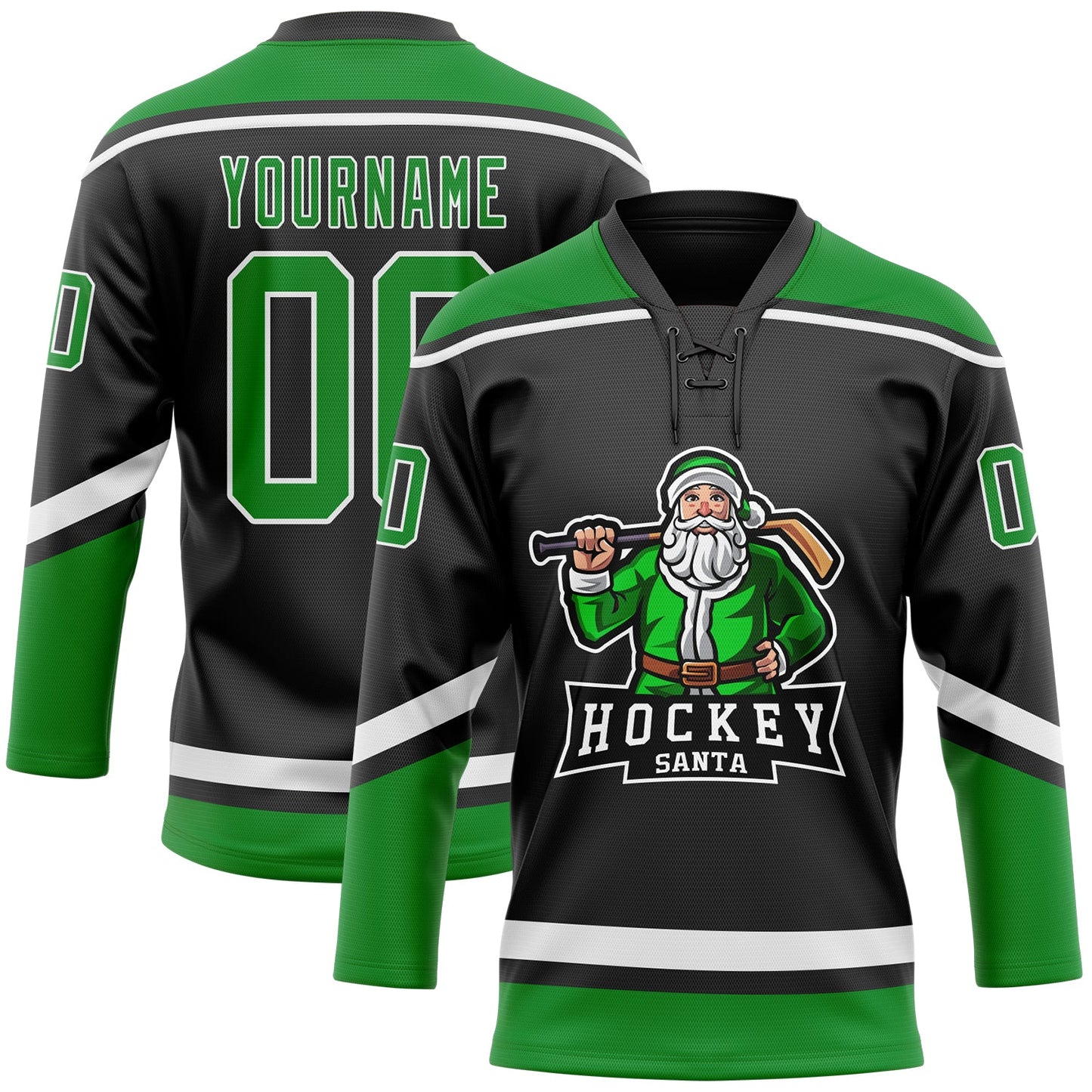 Custom Black Grass Green-White Christmas Santa Claus 3D Hockey Lace Neck Jersey - Main View