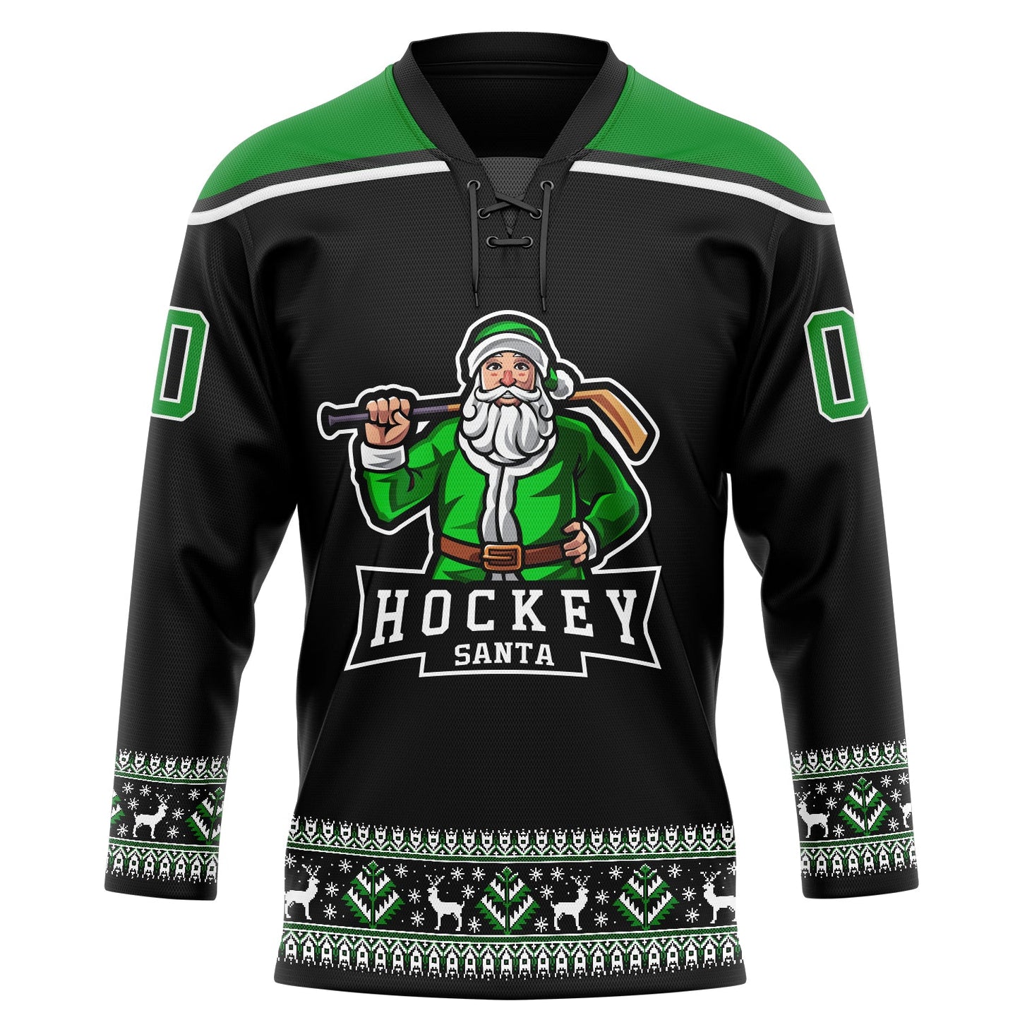 Custom Black Grass Green-White Christmas Santa Claus 3D Hockey Lace Neck Jersey view 2