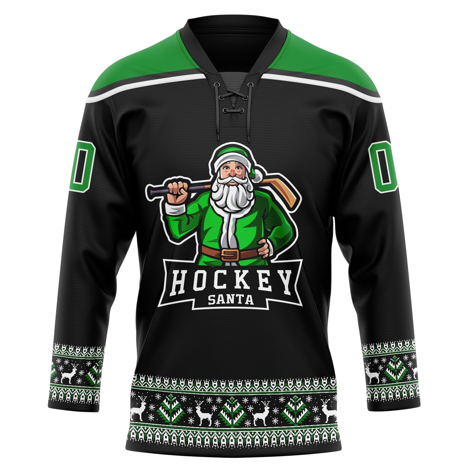 Custom Black Grass Green-White Christmas Santa Claus 3D Hockey Lace Neck Jersey view 2