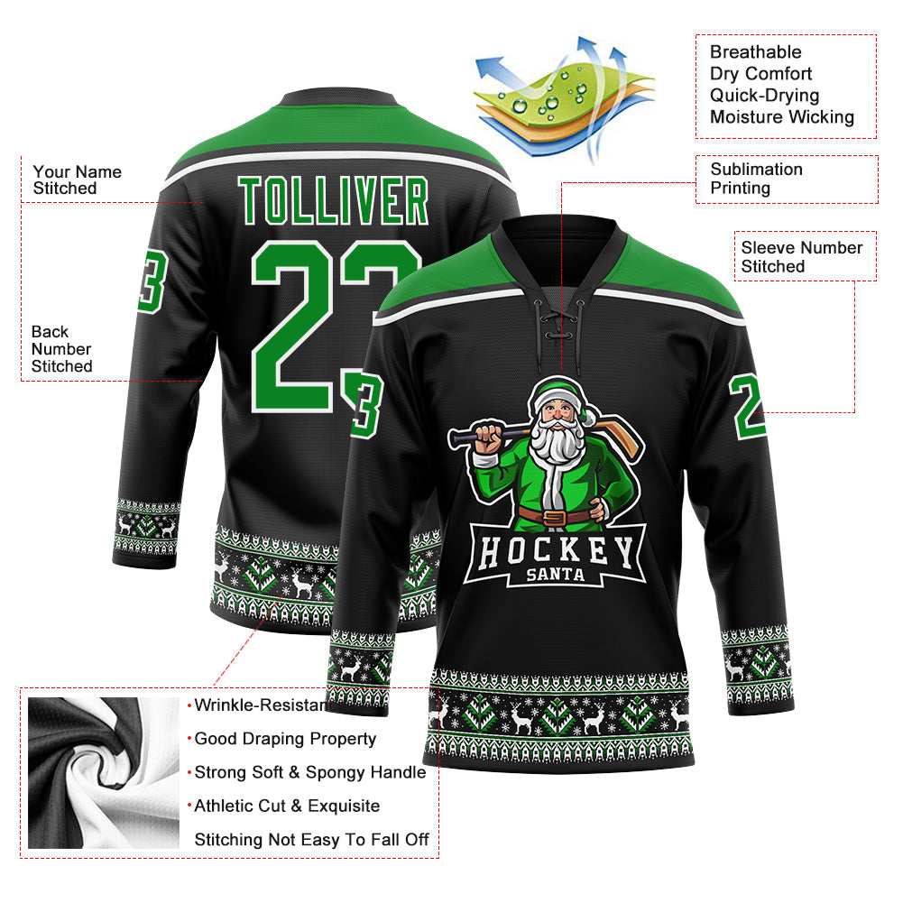 Custom Black Grass Green-White Christmas Santa Claus 3D Hockey Lace Neck Jersey view 3