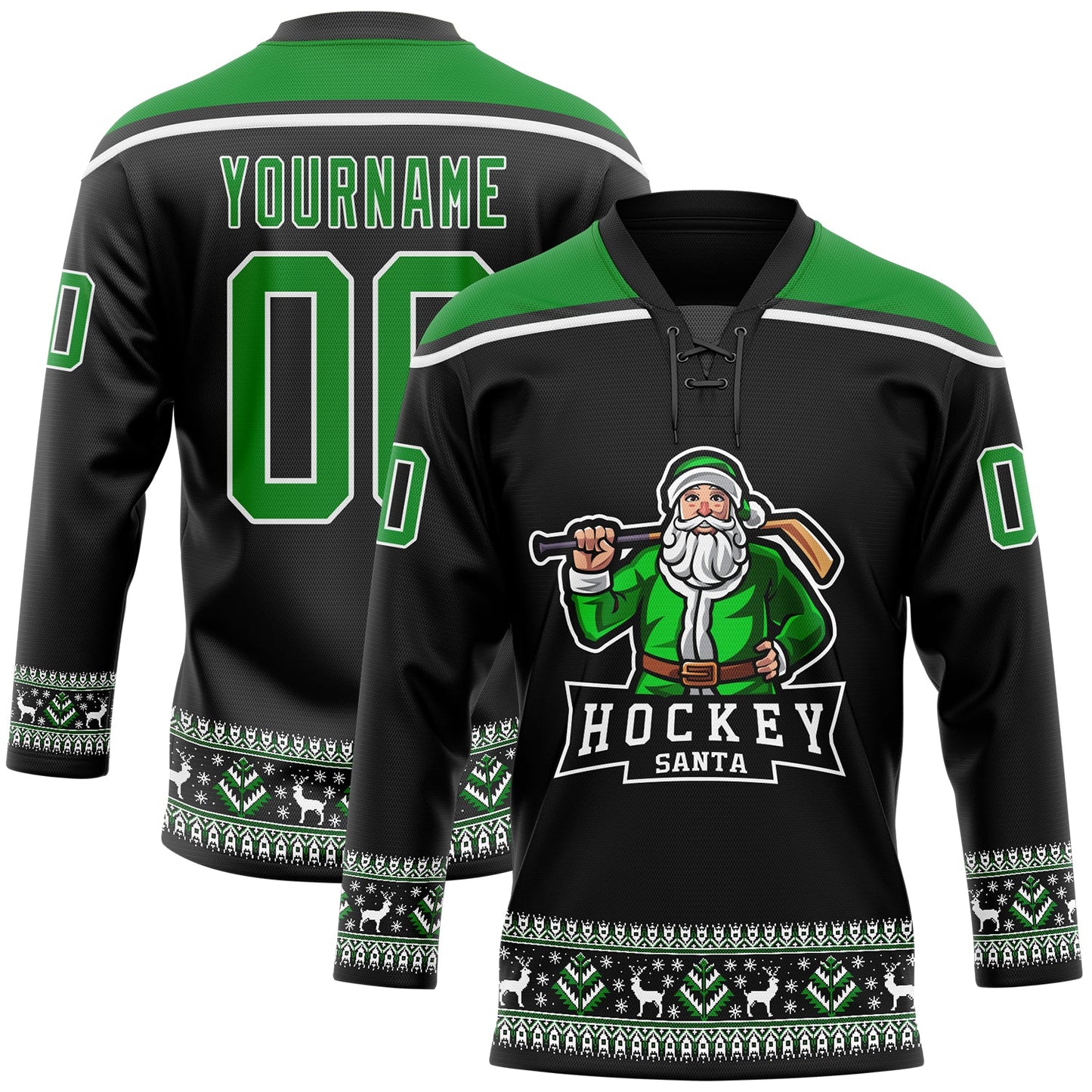 Custom Black Grass Green-White Christmas Santa Claus 3D Hockey Lace Neck Jersey - Main View