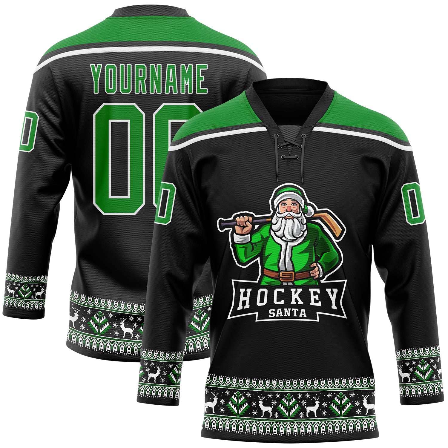Custom Black Grass Green-White Christmas Santa Claus 3D Hockey Lace Neck Jersey - Main View