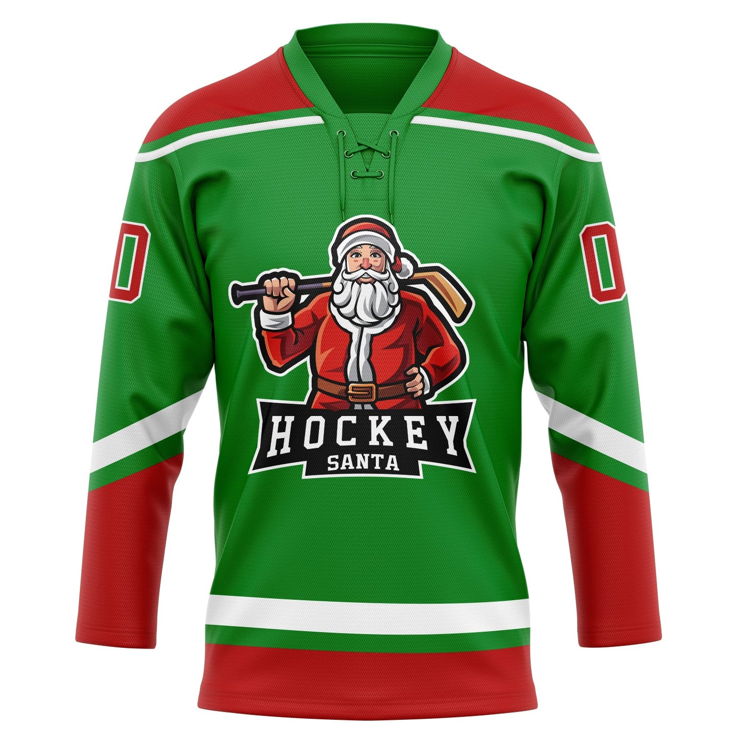 Custom Grass Green Red-White Christmas Santa Claus 3D Hockey Lace Neck Jersey view 2