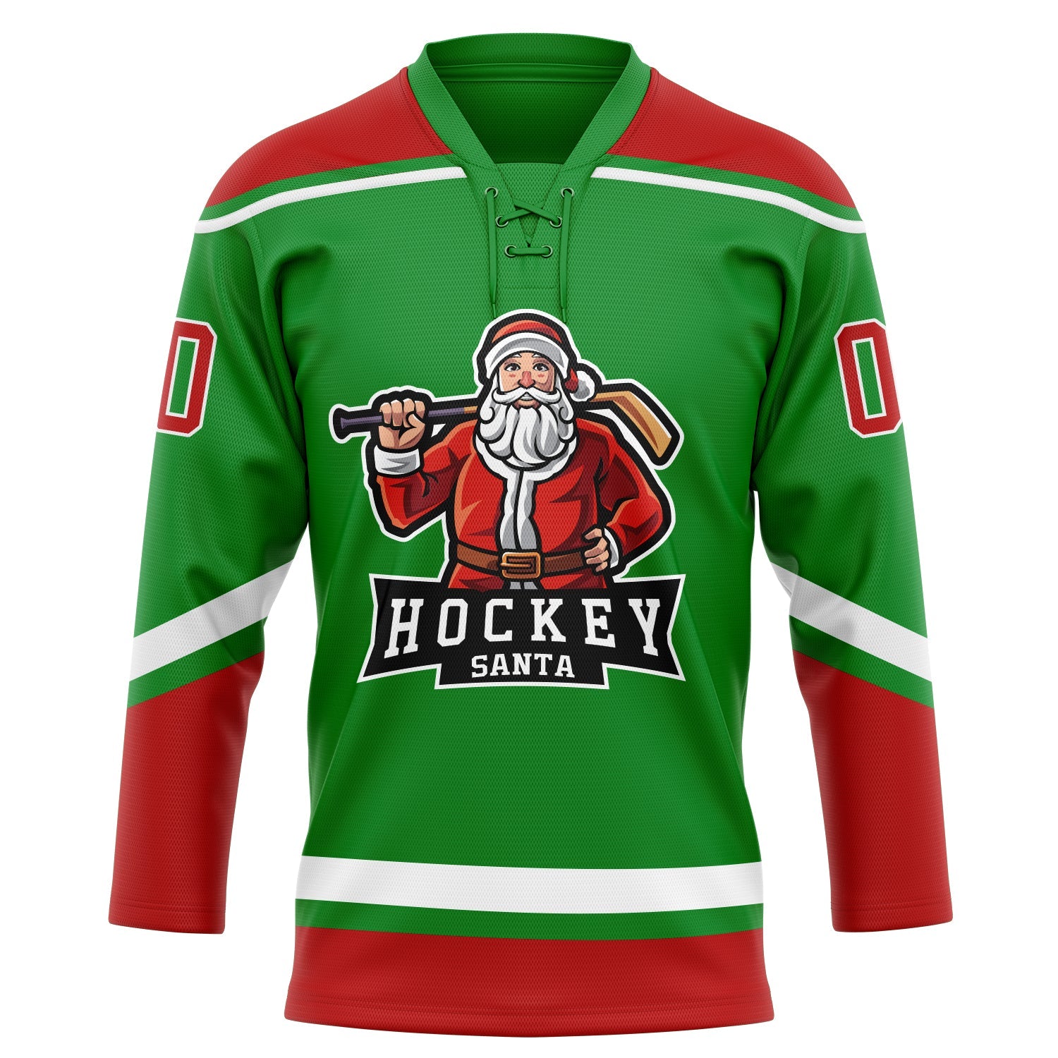 Custom Grass Green Red-White Christmas Santa Claus 3D Hockey Lace Neck Jersey view 2