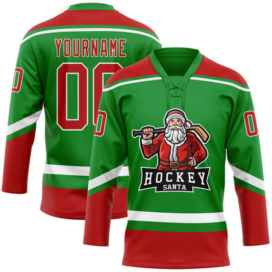 Custom Grass Green Red-White Christmas Santa Claus 3D Hockey Lace Neck Jersey - Main View