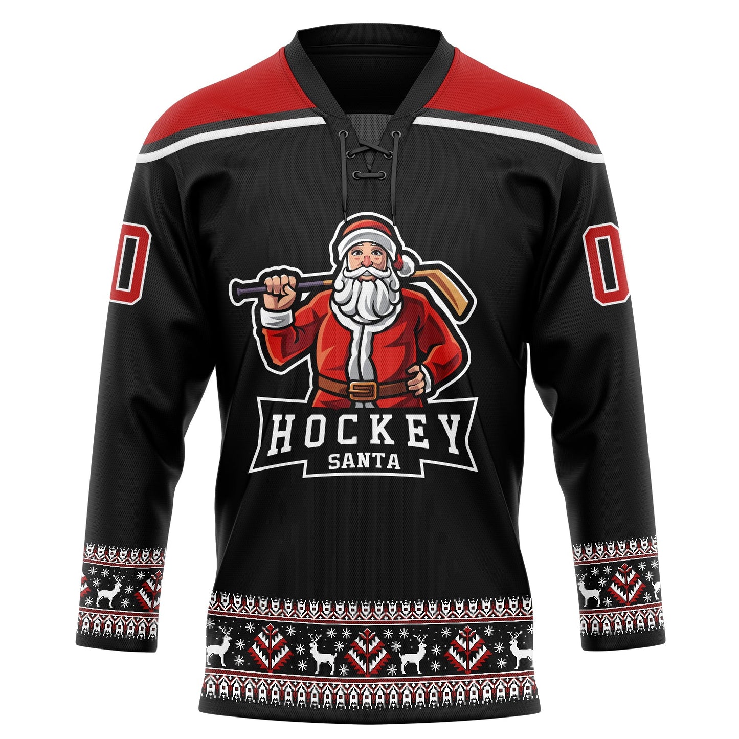 Custom Black Red-White Christmas Santa Claus 3D Hockey Lace Neck Jersey view 2