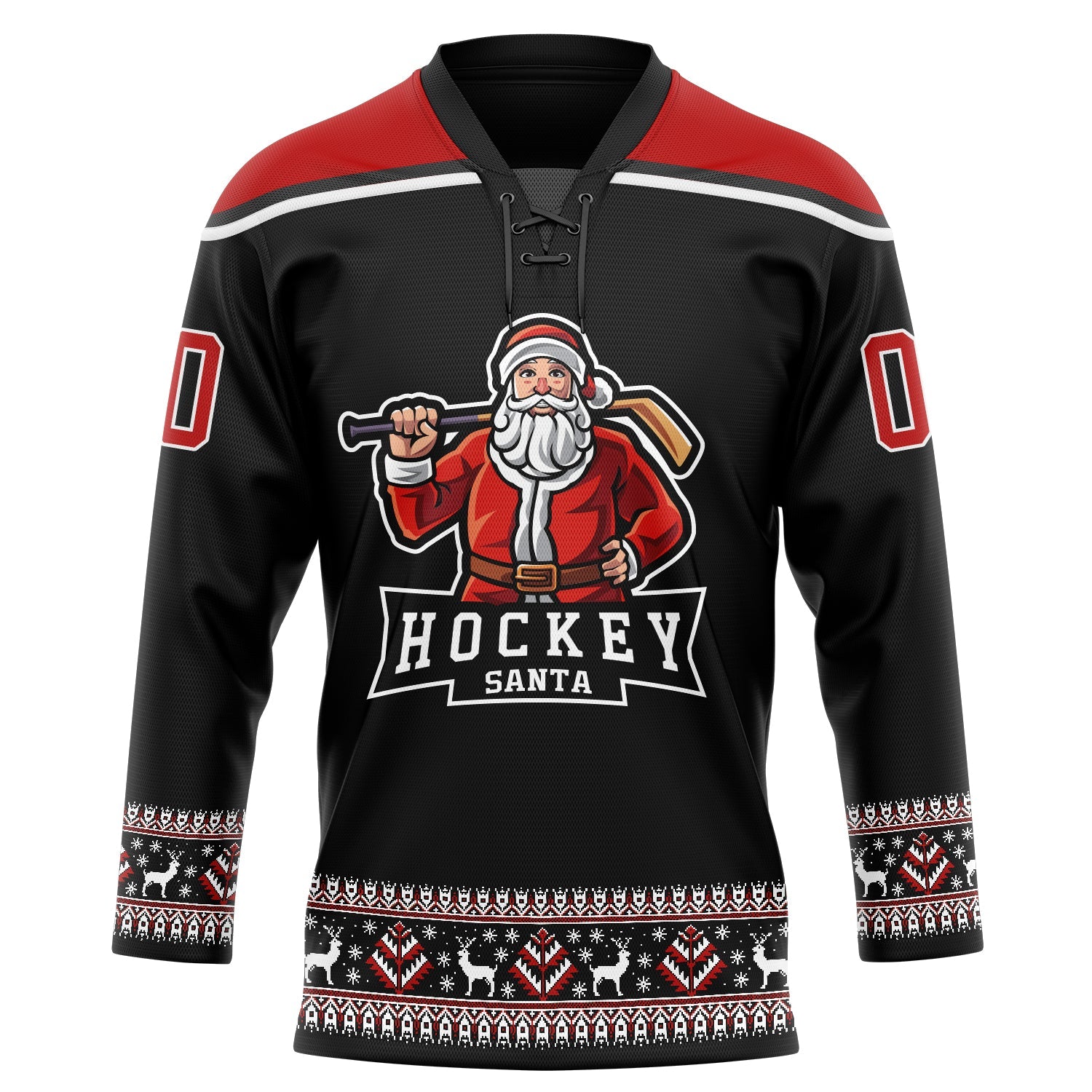 Custom Black Red-White Christmas Santa Claus 3D Hockey Lace Neck Jersey view 2